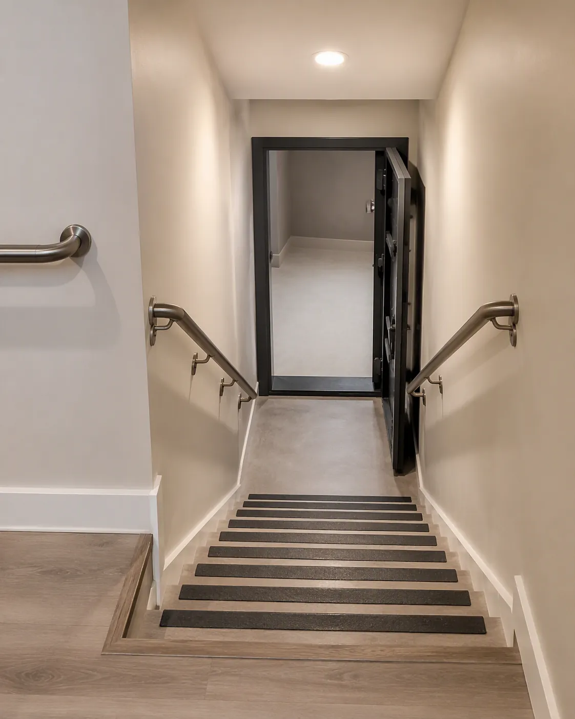 Basement stairway with handrails, grab bar, bright lighting, non-slip treads, and shelter door