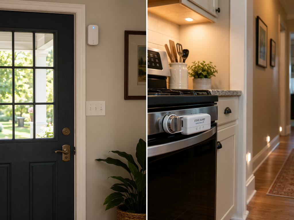 Split editorial scene of a dementia-safe home: left side shows a front door with a discreet motion sensor alarm device mounted near the top with a soft blue LED light, right side shows a kitchen stove with an auto-shutoff device at the knob area and motion-activated night lights glowing along a hallway baseboard.