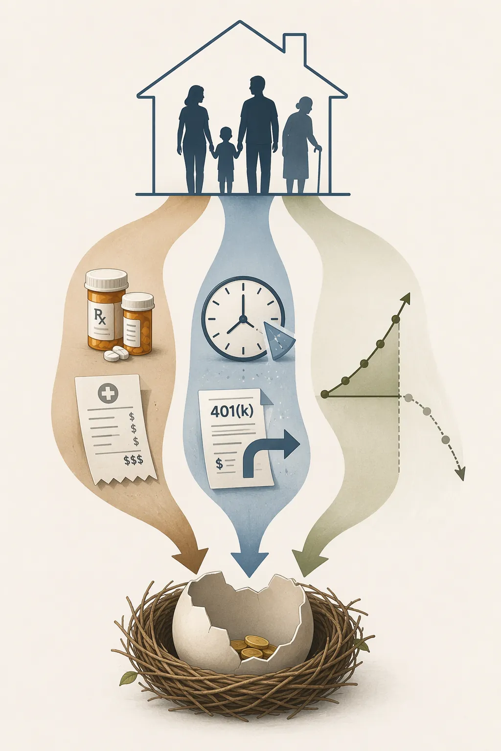 Illustration of direct caregiving costs, reduced retirement contributions, and lost compound growth flowing into a partially empty retirement nest egg