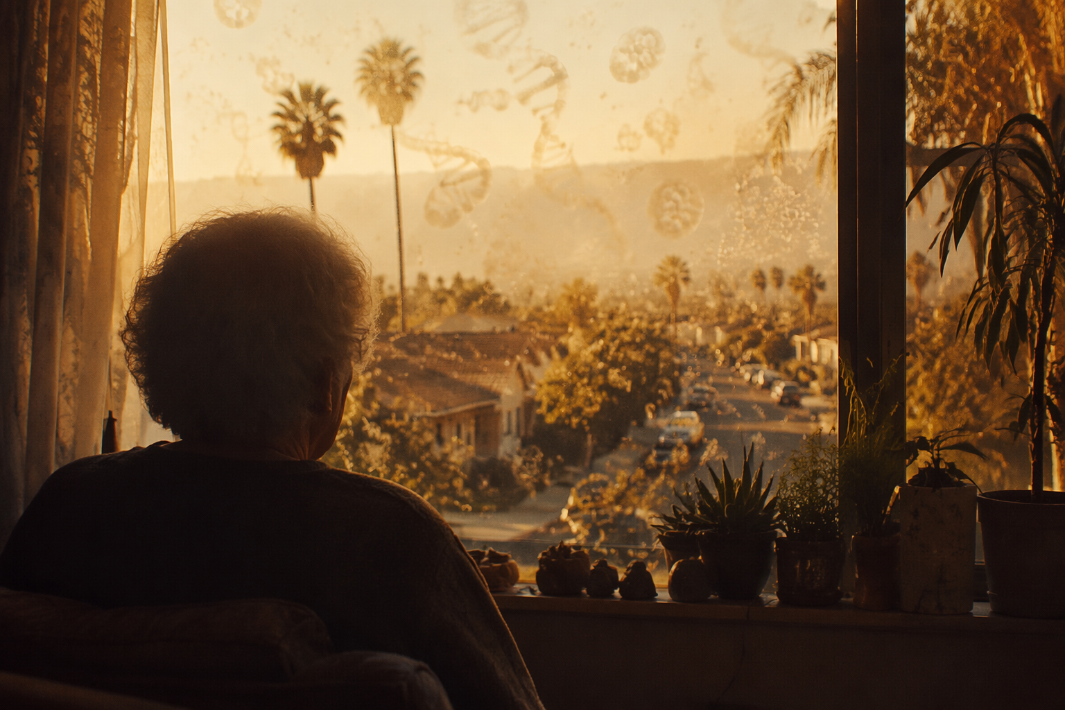 Older adult near a sunlit window in a modest Los Angeles home with heat haze and subtle DNA-like forms in the warm air