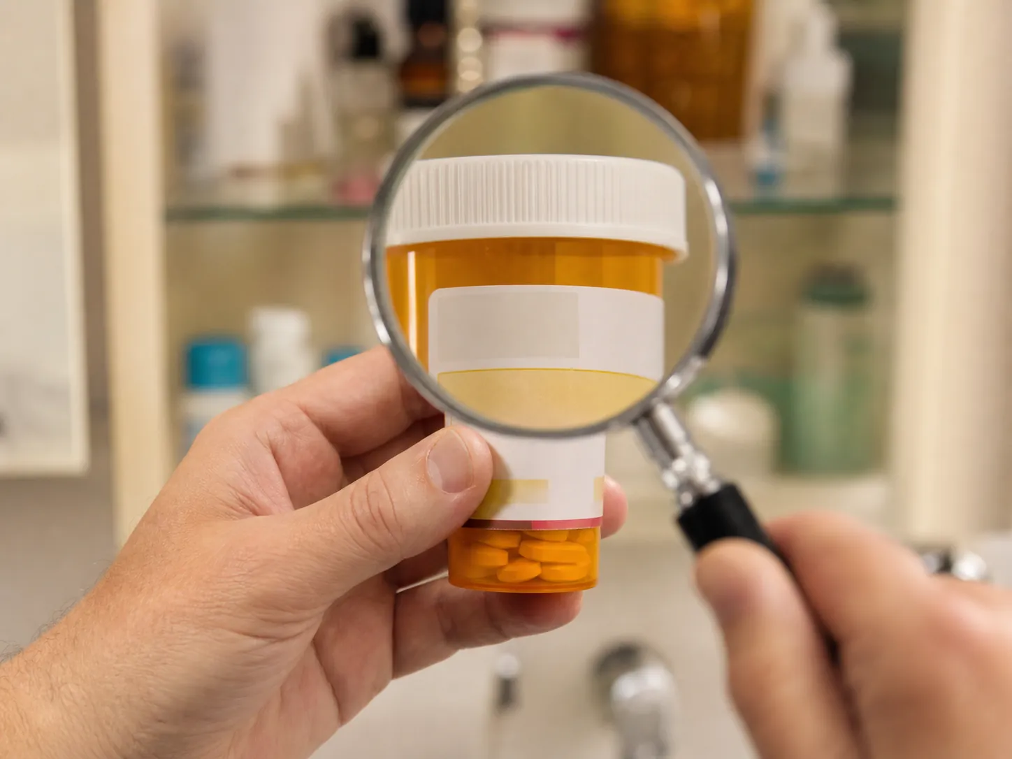 Amber prescription bottle with a magnifying glass enlarging the pharmacy label near the cap