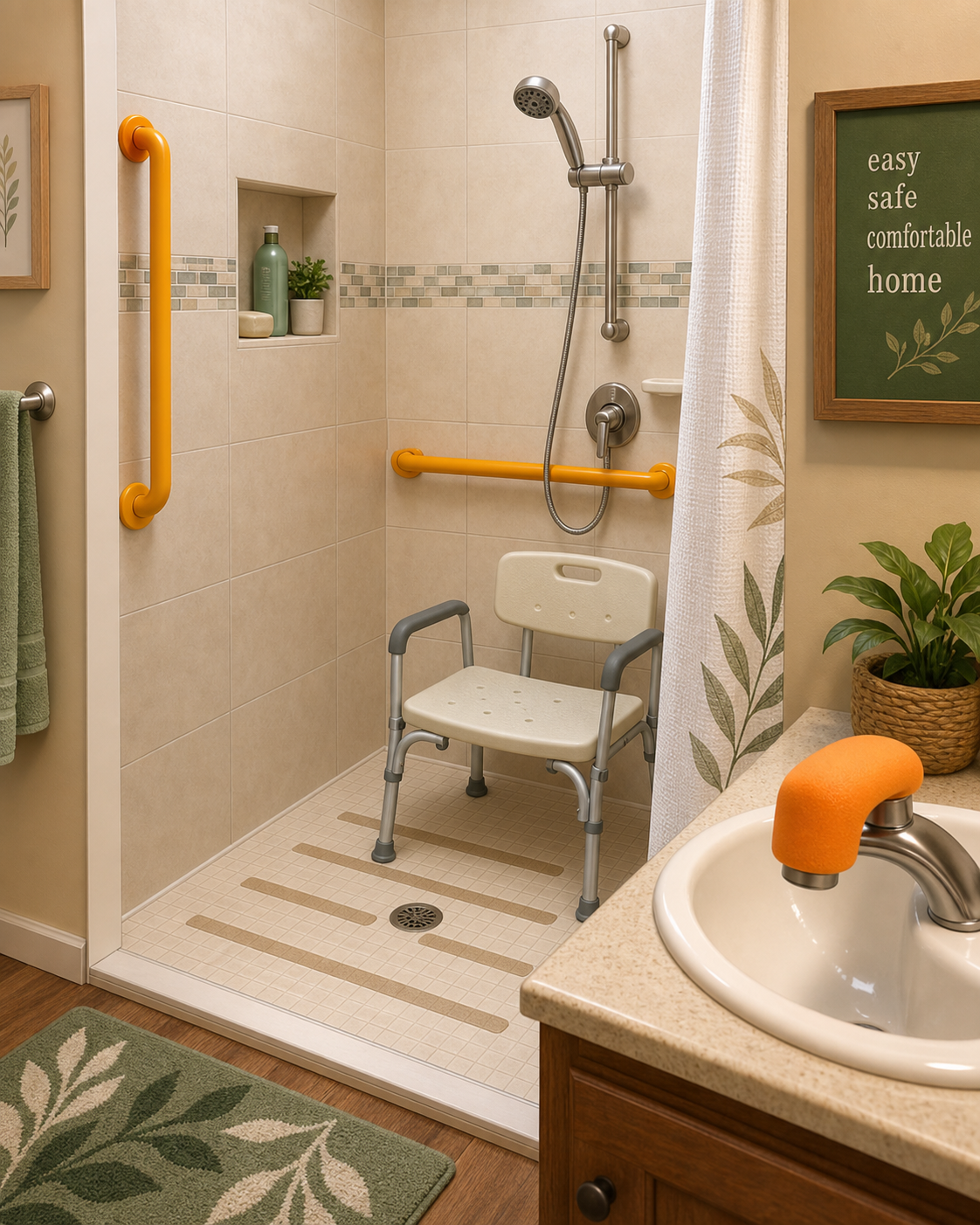 Close-up illustration of a dementia-friendly bathroom with a walk-in shower, shower chair, handheld showerhead, and brightly colored grab bars.