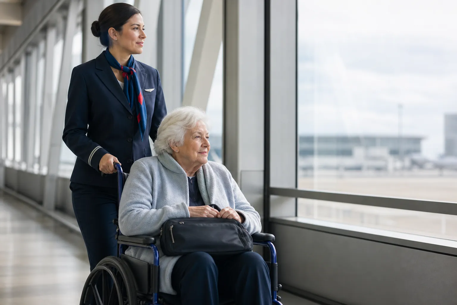 Airline staff member pushing an older traveler in an airport wheelchair through a terminal