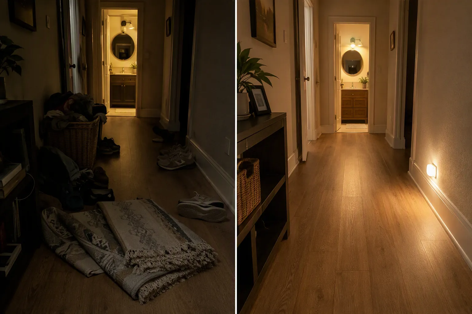 Before-and-after hallway showing clutter removed, throw rug gone, and night light added