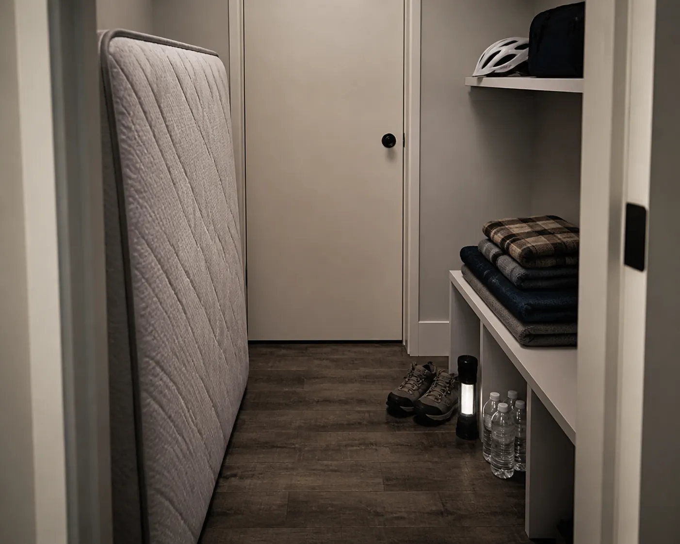 Small windowless tornado shelter room prepared with a mattress, helmet, blankets, sturdy shoes, flashlight, and bottled water