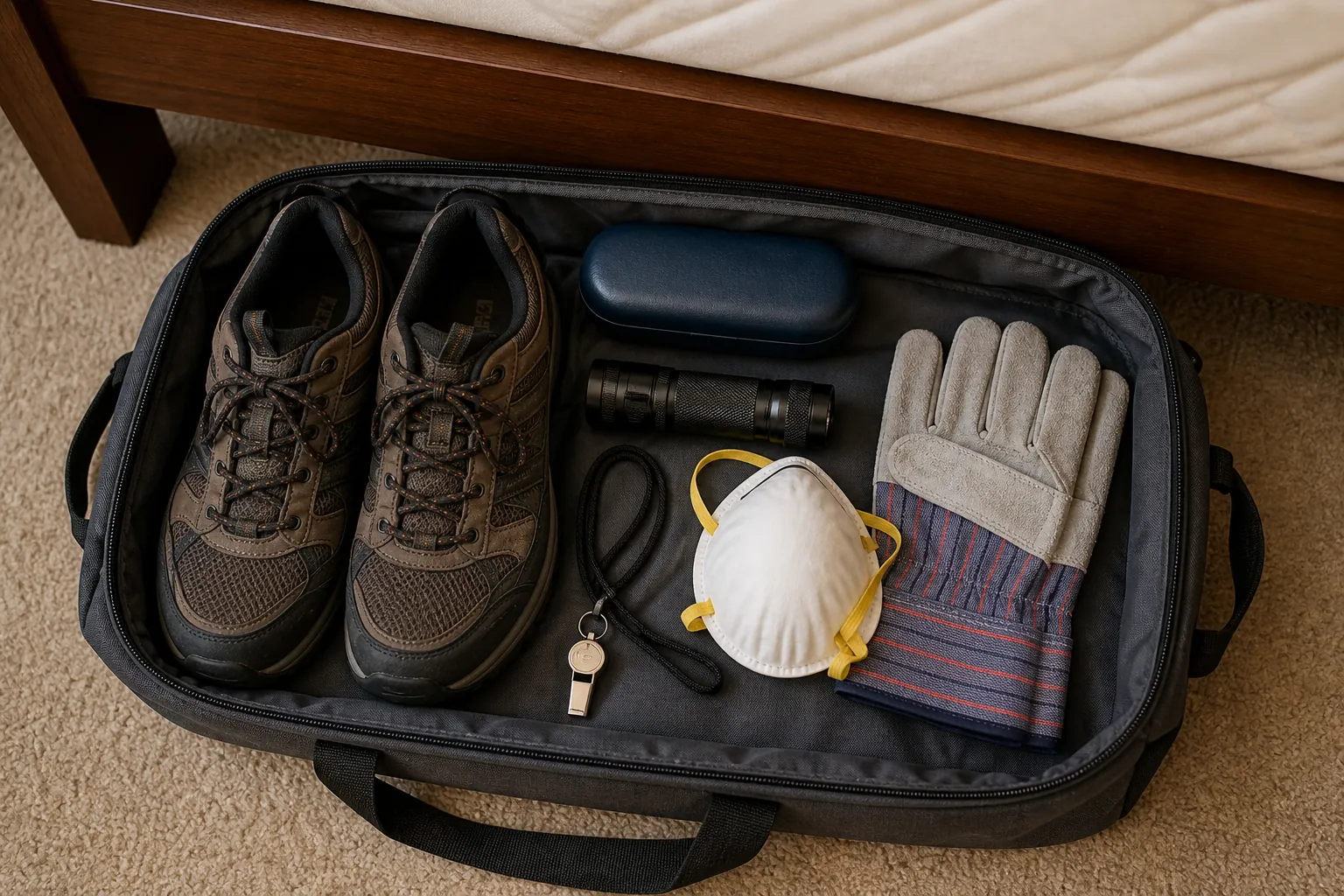 Open under-bed emergency bag with sturdy shoes, glasses case, flashlight, dust mask, whistle, and work gloves