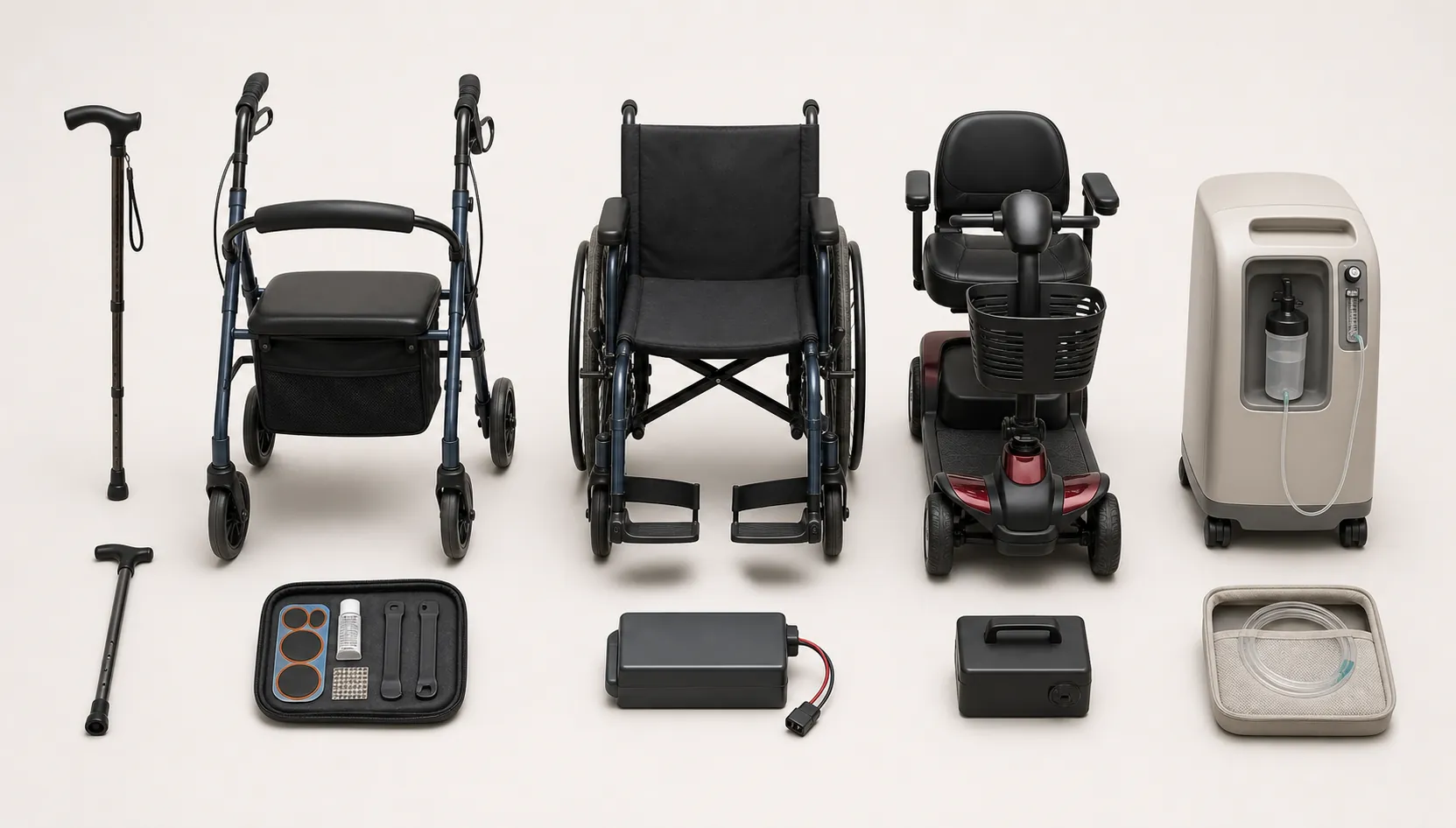Flat-lay of cane, rollator, manual wheelchair, power scooter, oxygen concentrator, and matching emergency accessories