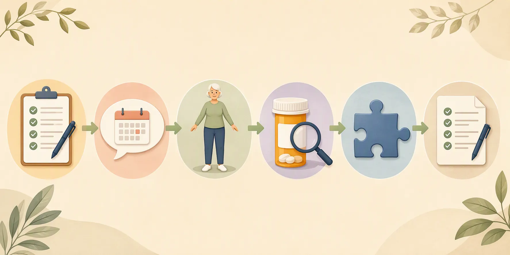 Illustrated pathway from health risk questionnaire to fall history, gait check, medication review, cognitive assessment, and prevention plan