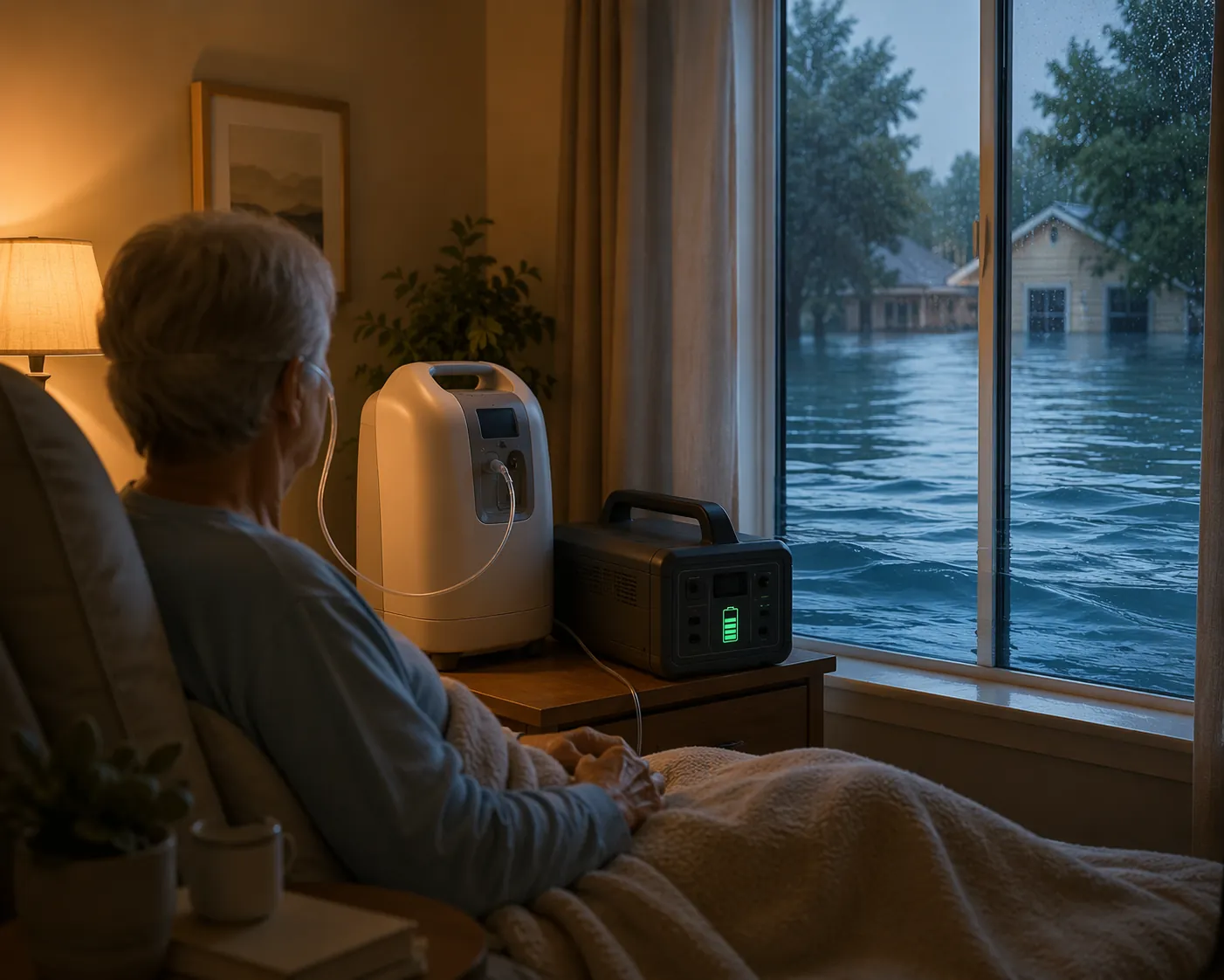 Older adult bedroom with medical equipment and backup power as floodwater rises outside