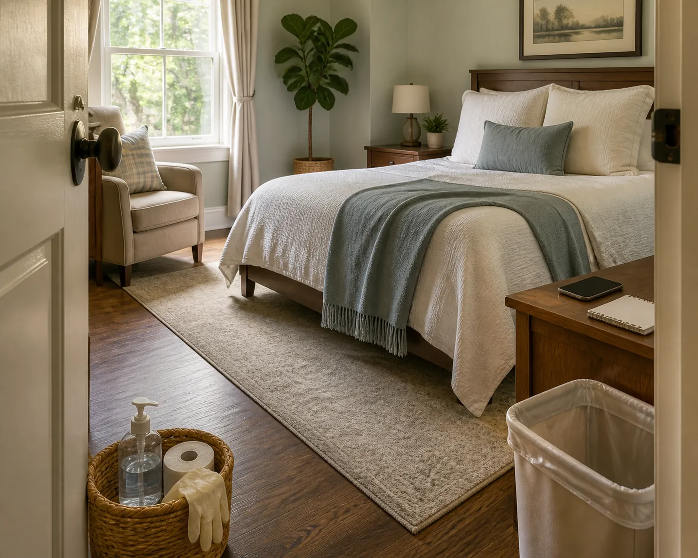 A tidy bedroom prepared as a temporary isolation space with hand sanitizer, gloves, a lined hamper, a phone, and a notepad