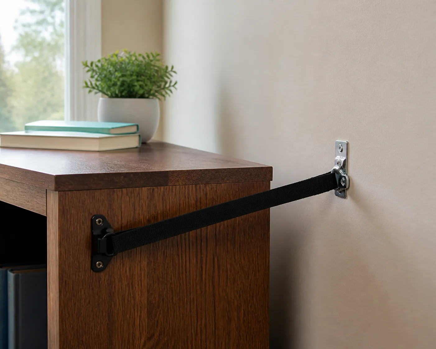 Tall wooden dresser secured to a wall with a furniture anchor strap and metal bracket