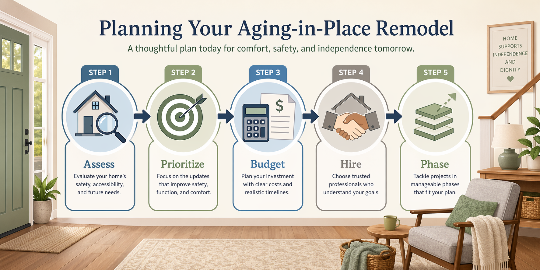 Five-step sequential process diagram with rounded nodes connected left to right by arrows, each with a simple icon — Assess (home inspection icon), Prioritize (target icon), Budget (calculator icon), Hire (handshake icon), Phase (layers icon) — in a warm residential color palette of soft blues, warm grays, sage green, and wood tones, flat illustration style.