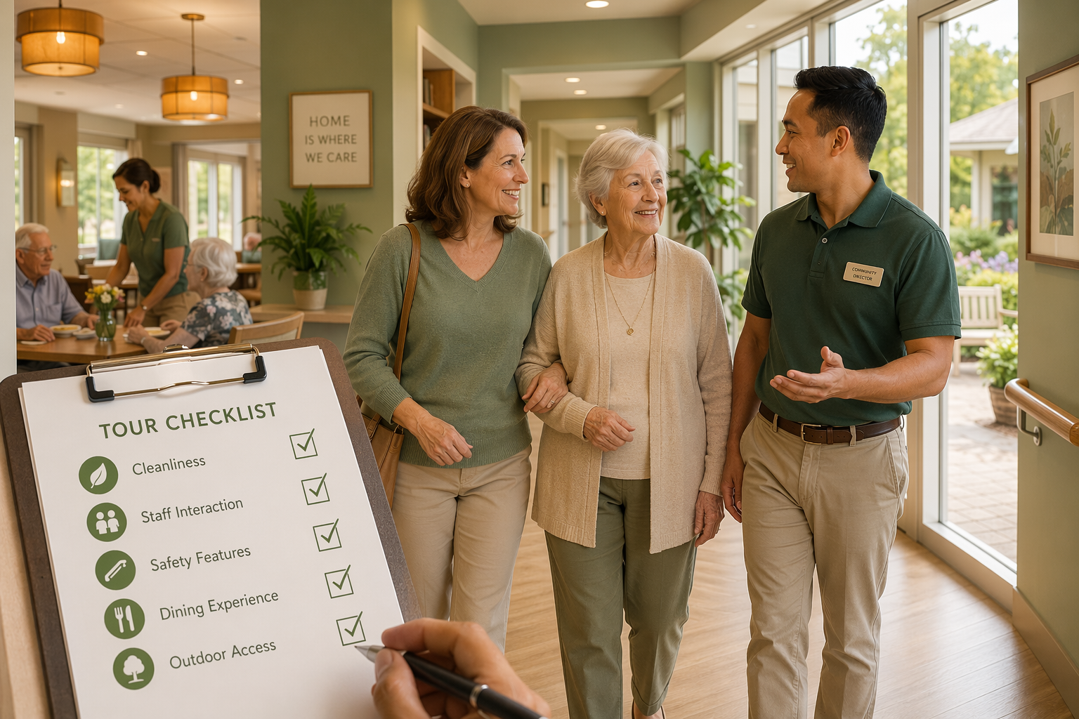 Editorial illustration of a family touring a senior care facility with a staff member, clipboard in foreground with checkmark icons.