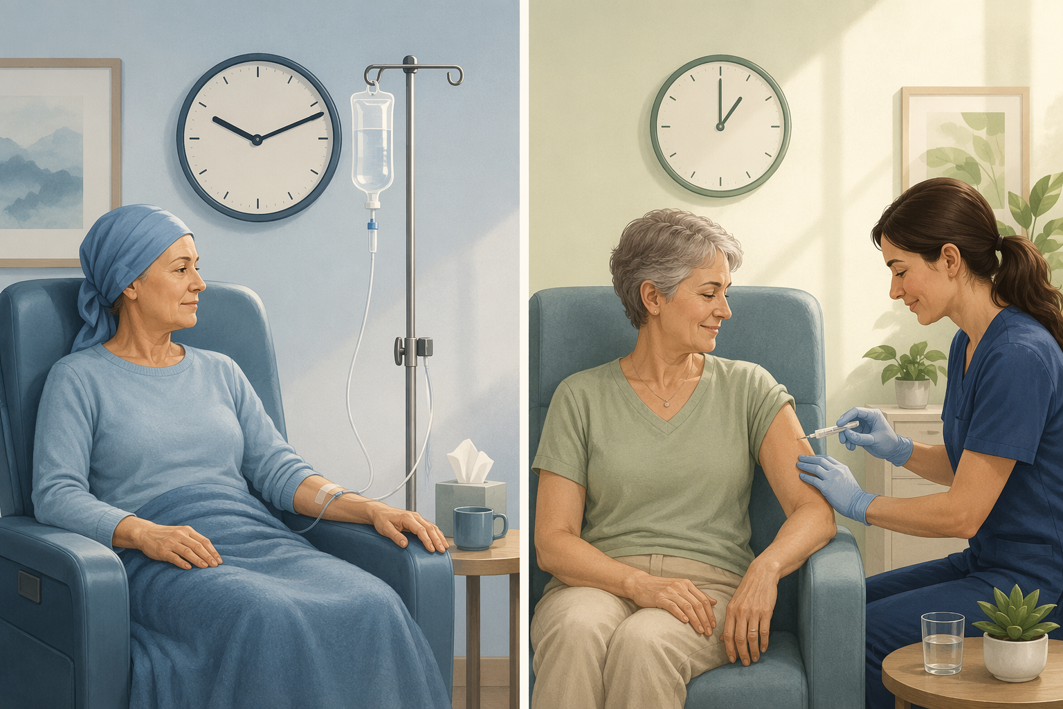 A clinic infusion on the left and a quick subcutaneous injection on the right, shown side by side.