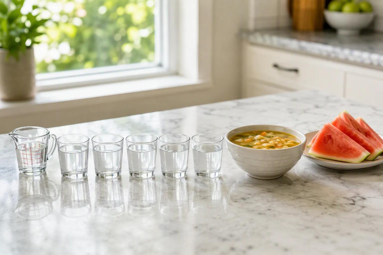 Daily fluid allowance portioned into small glasses with soup and watermelon nearby on a kitchen counter