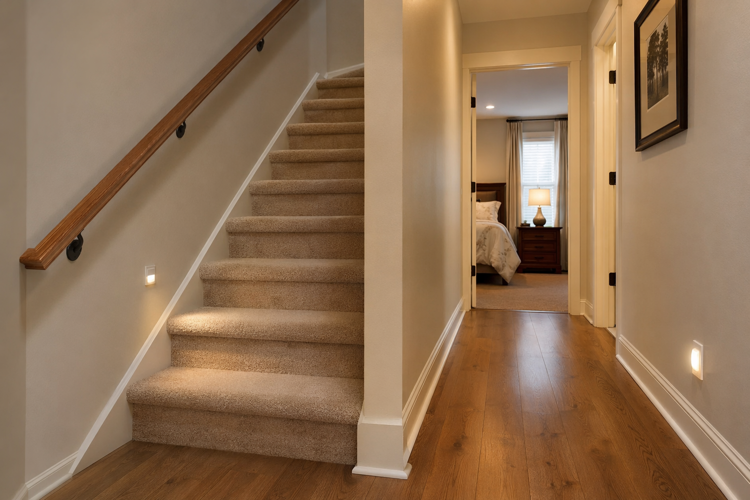 Clear hallway and staircase with nightlight and grab rail for older adult safety