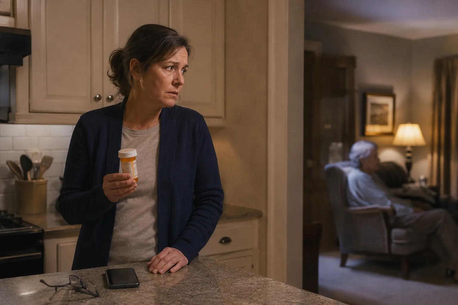 Caregiver holding a pill bottle in a kitchen while checking on an older adult in another room