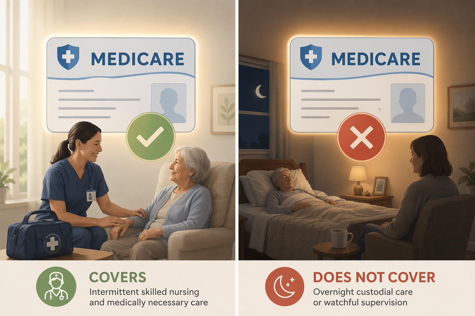 Split editorial illustration: left side shows a Medicare card with a green checkmark and a visiting nurse icon representing covered intermittent skilled nursing; right side shows a Medicare card with a red X and a moon-over-bed scene representing uncovered overnight custodial care.