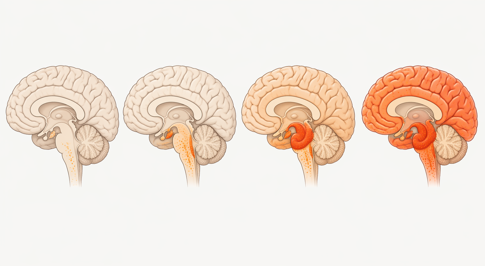 Four-stage illustration of tau tangles spreading from deeper brain regions to memory areas and the cerebral cortex