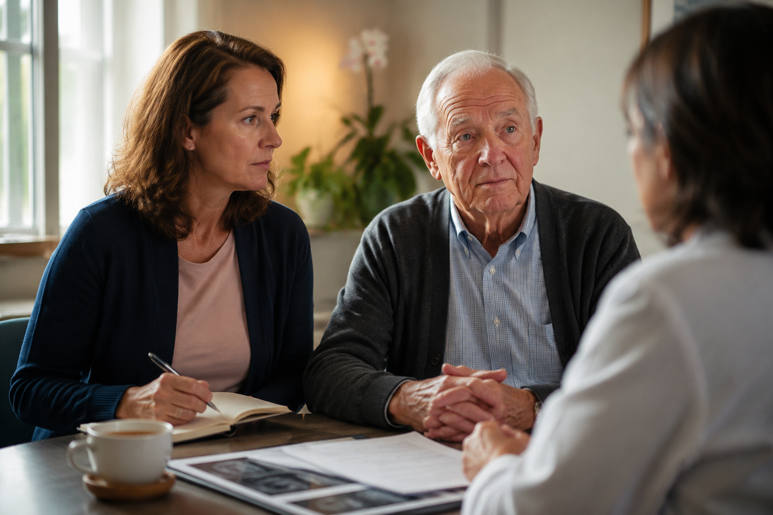 Adult daughter sitting beside her elderly father during an oncology consultation