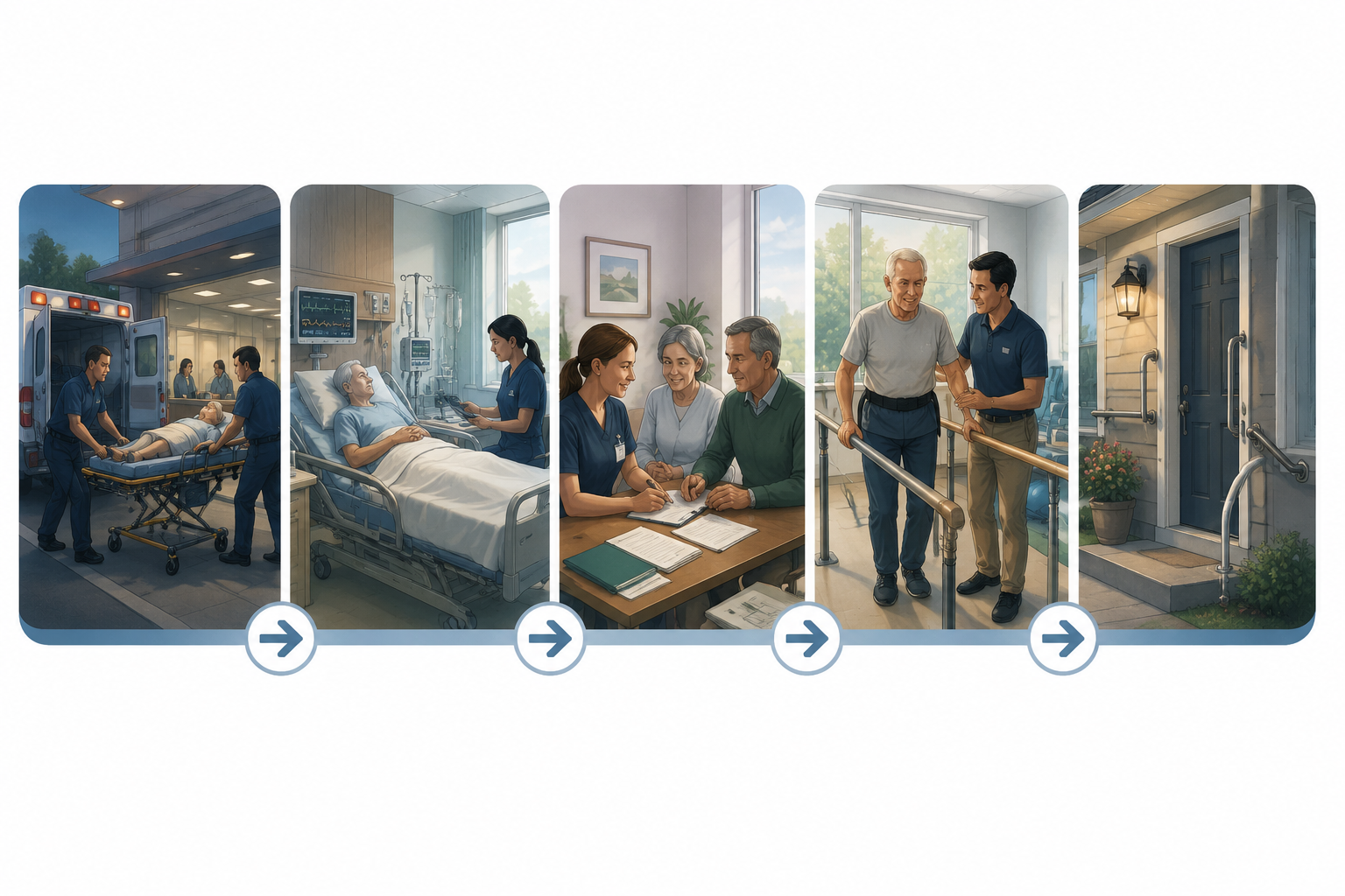Illustrated patient journey from ER arrival to hospital monitoring, discharge paperwork, rehab therapy, and home entry