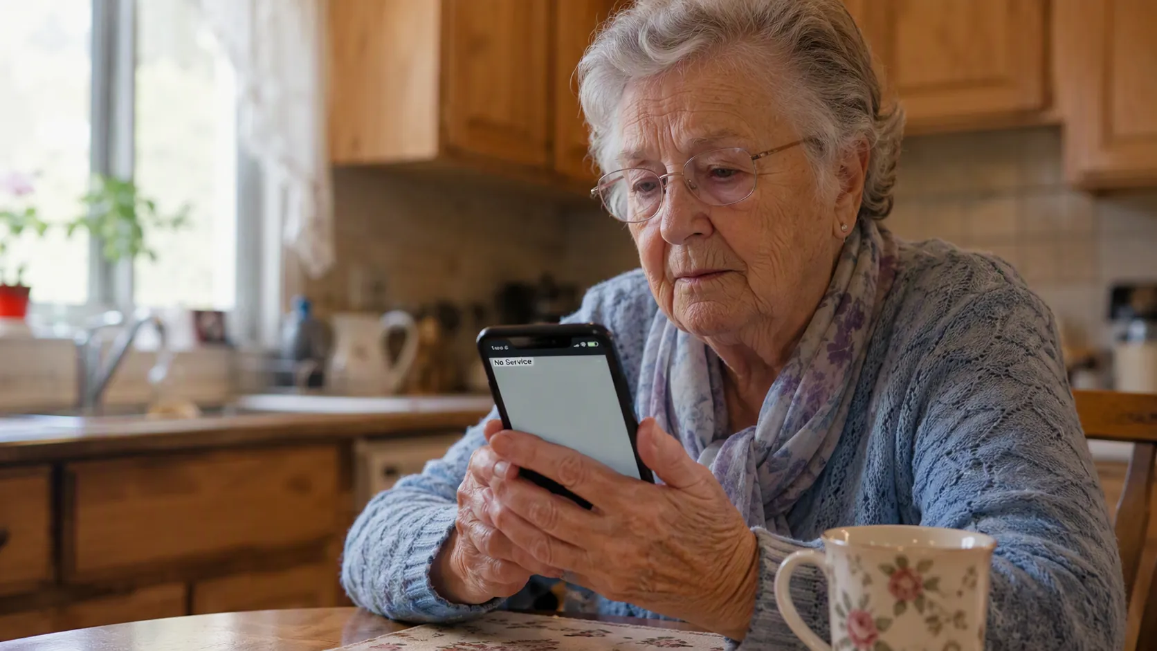 Older woman looking at a smartphone showing No Service
