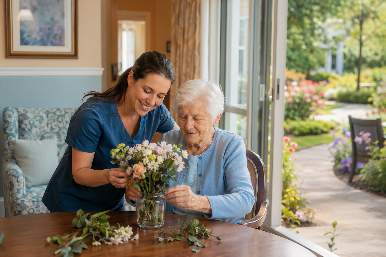 A sunlit memory care common area with a female caregiver gently guiding an elderly woman through a flower-arranging activity at a wooden table near a large window. A secure courtyard garden with blooming flowers is visible through glass doors. Warm wood tones, soft blue accents, and natural light create a dignified atmosphere.