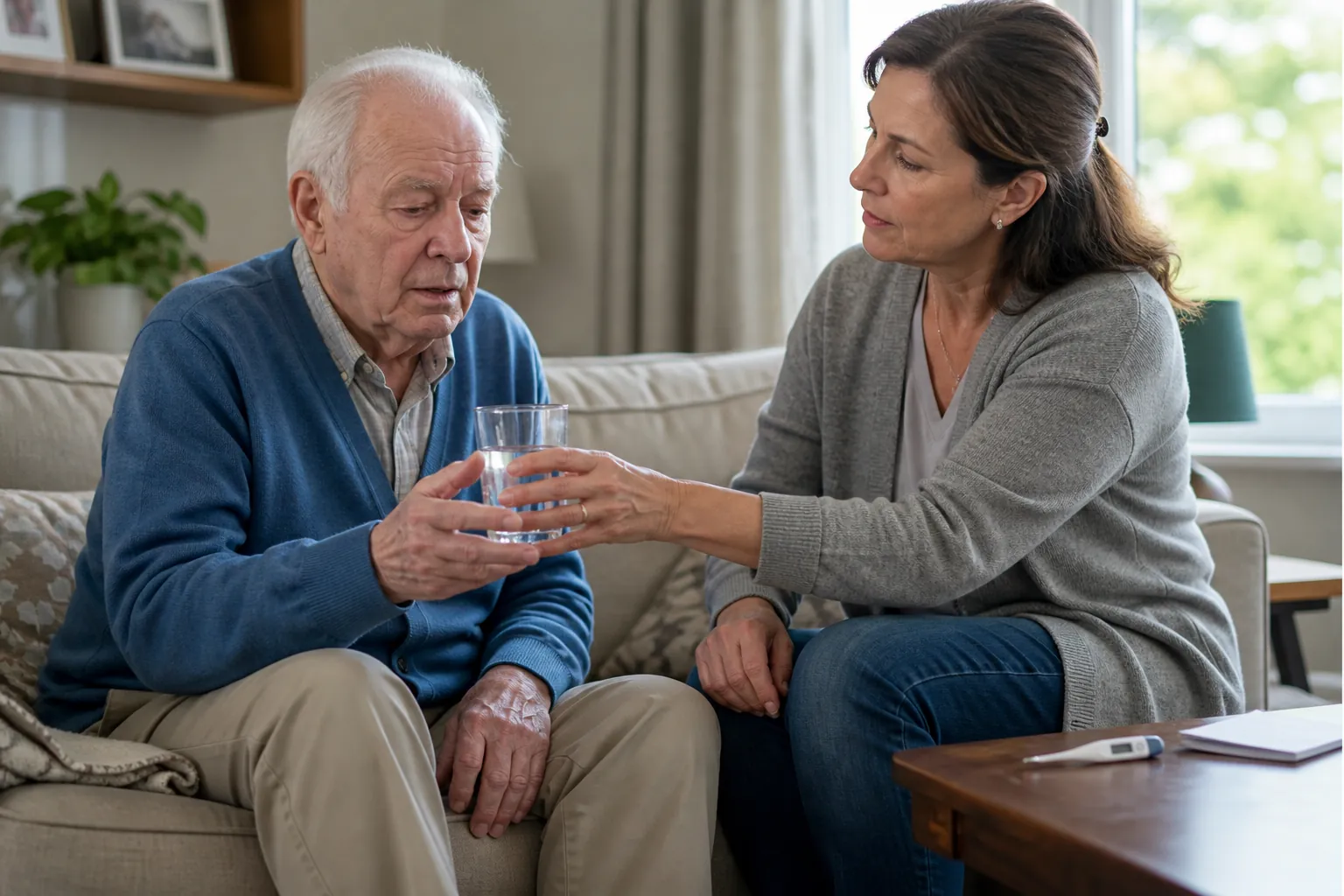 Adult daughter handing water to her elderly father with a thermometer and notepad nearby