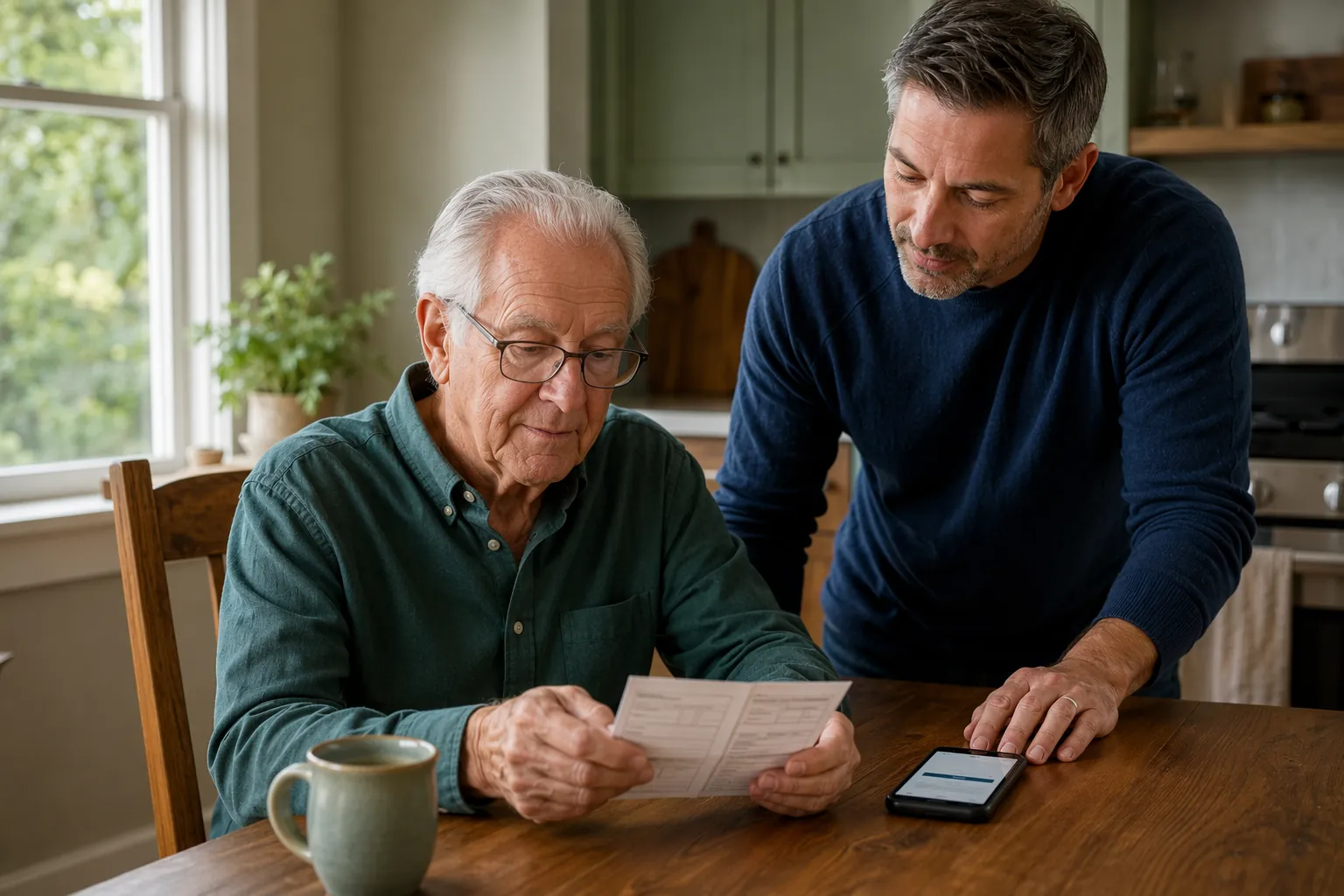 Older adult and adult child reviewing a vaccination record and health website at a kitchen table