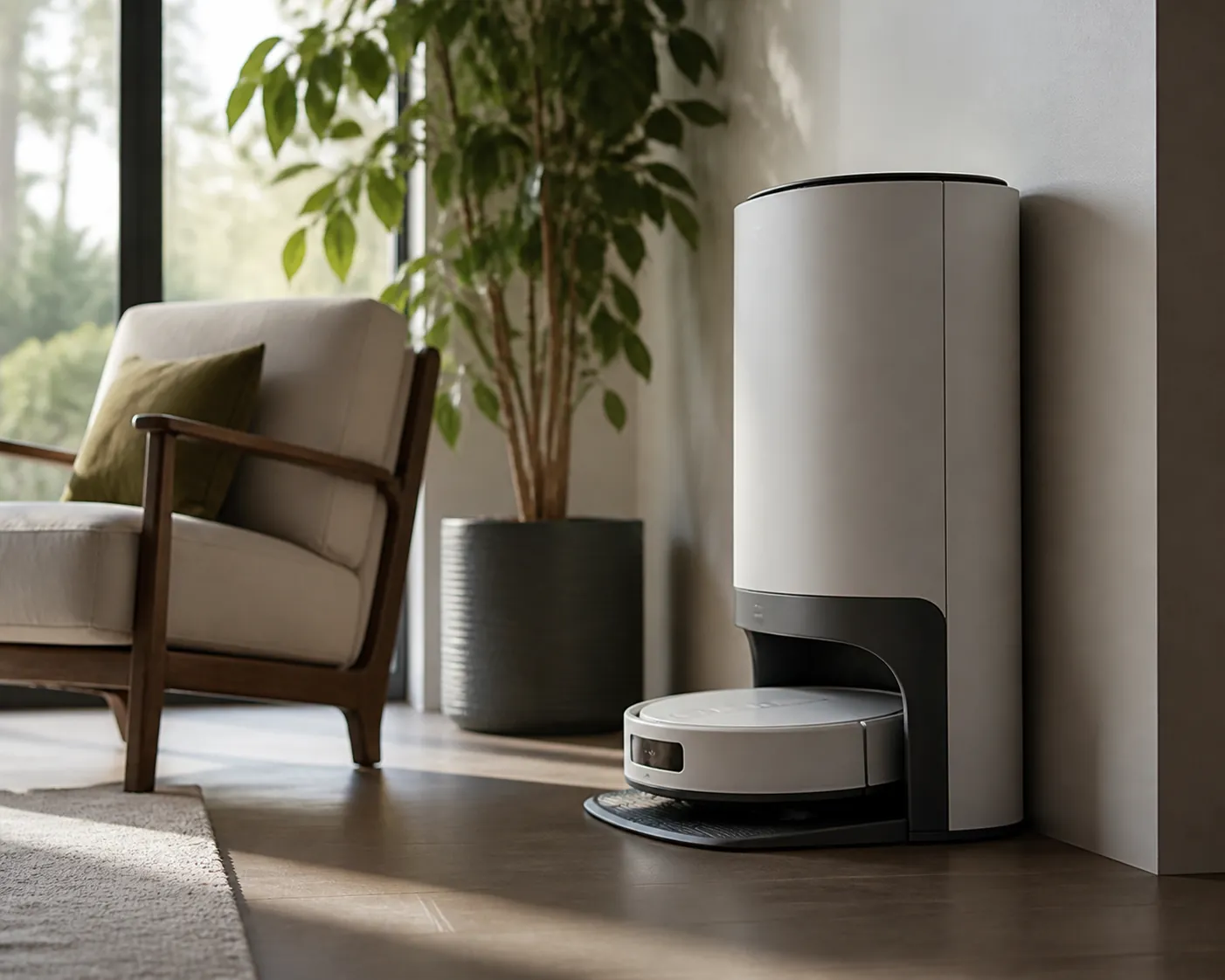 Robot vacuum docked in a tall self-emptying base station against a wall