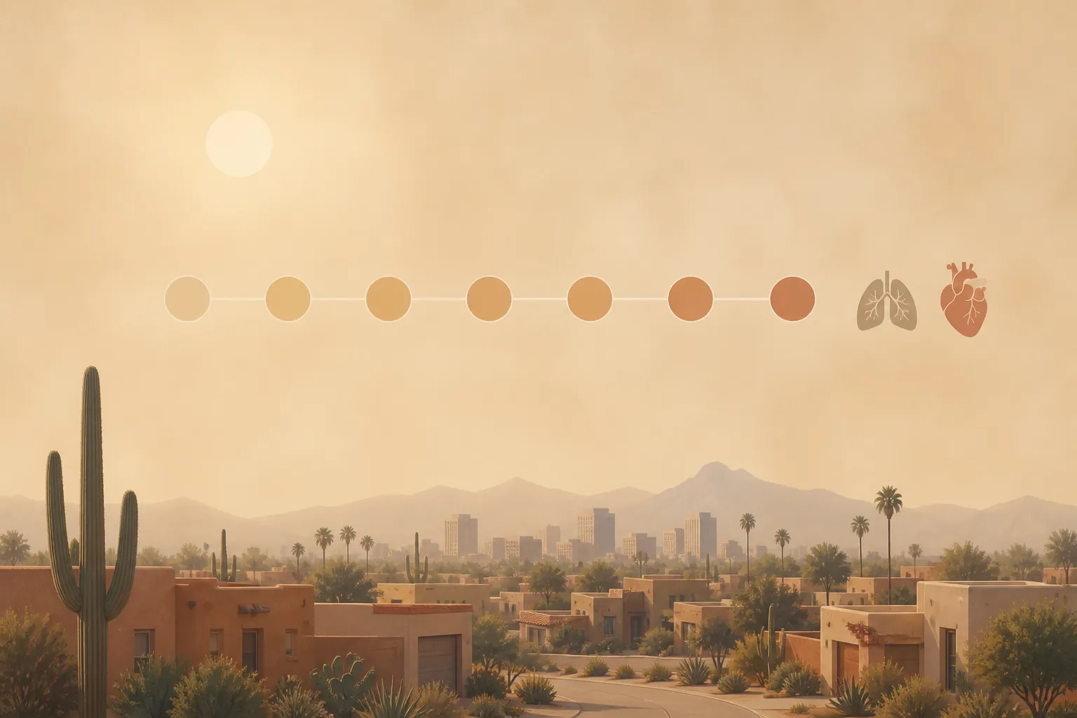 Illustration of a Southwestern neighborhood under a tan dust sky with day markers and lung and heart icons