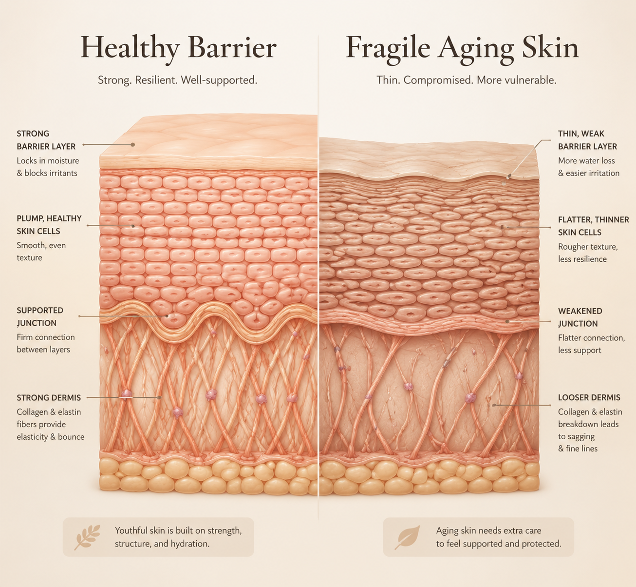 Illustration comparing a healthy skin barrier with fragile aging skin