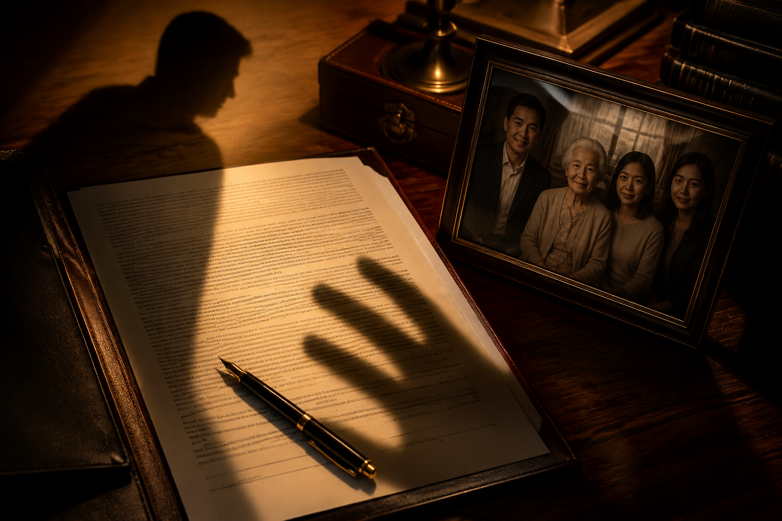 Open trust document beside a family photograph, with a shadow falling across the page