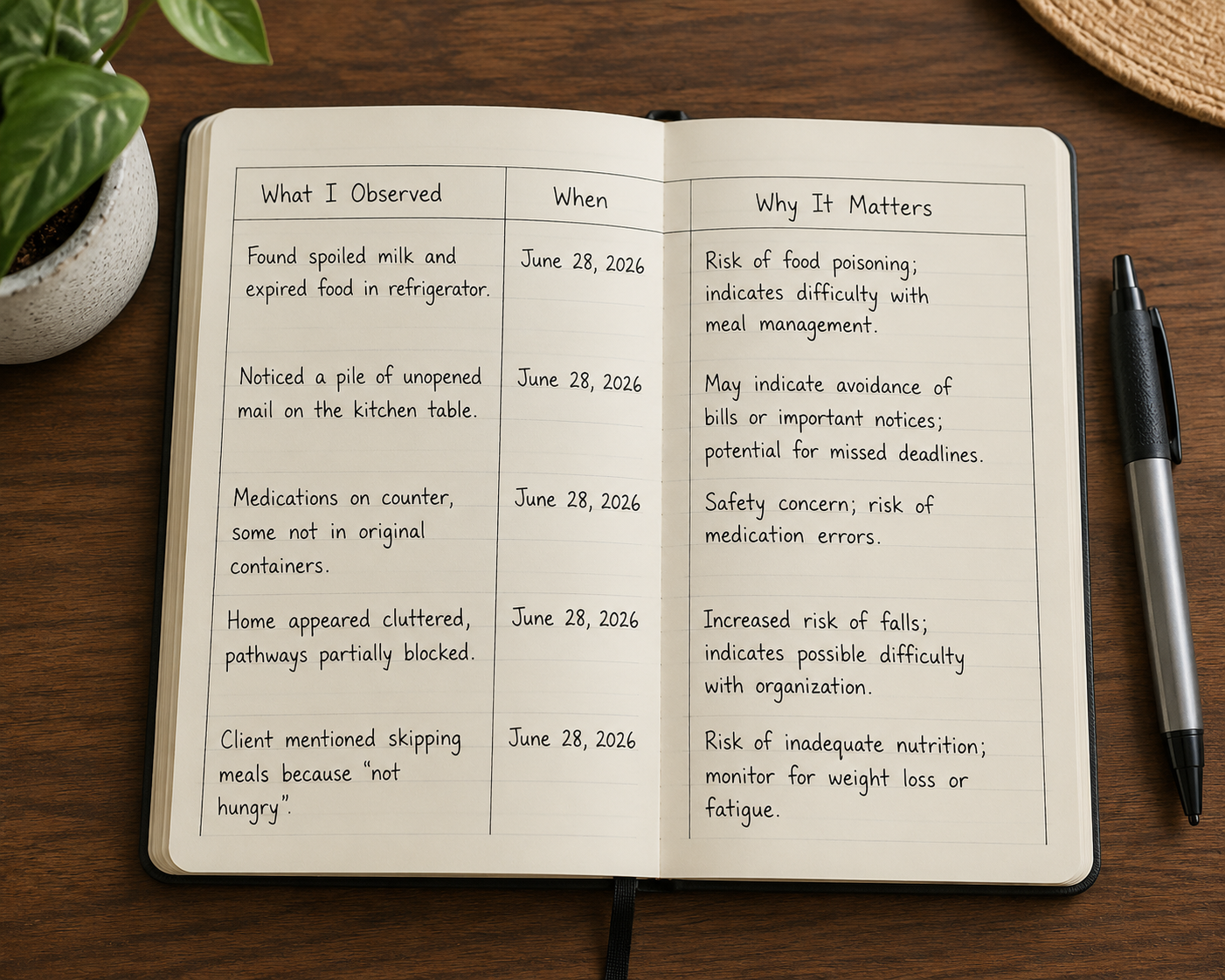 Notebook showing a three-column observation log with what was observed, when it happened, and why it matters