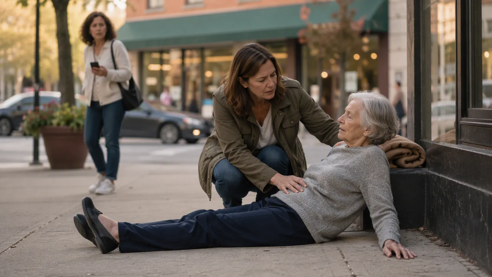 Older woman seated on a sidewalk after a fall while an adult daughter steadies her without lifting and a bystander calls for help