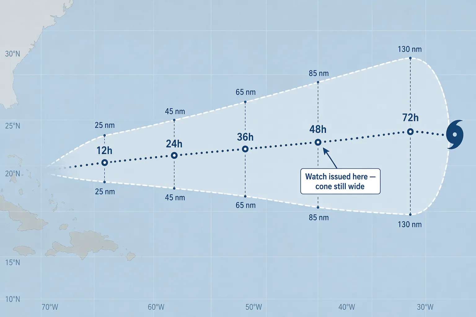 Diagram of a hurricane forecast cone widening from 12 hours to 72 hours, with a 48-hour watch marker inside the still-wide cone