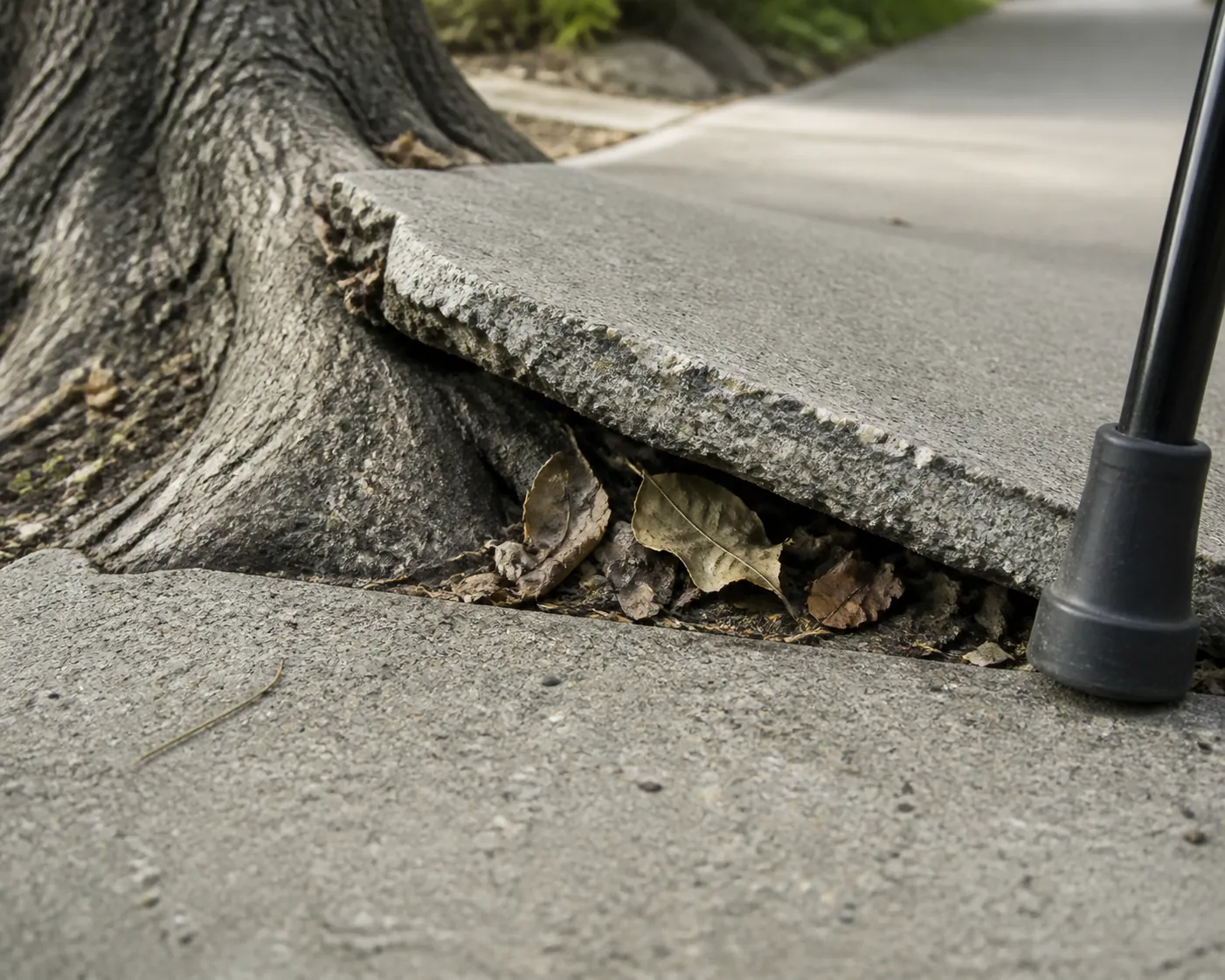Raised and cracked sidewalk slab lifted by a tree root with a cane tip nearby