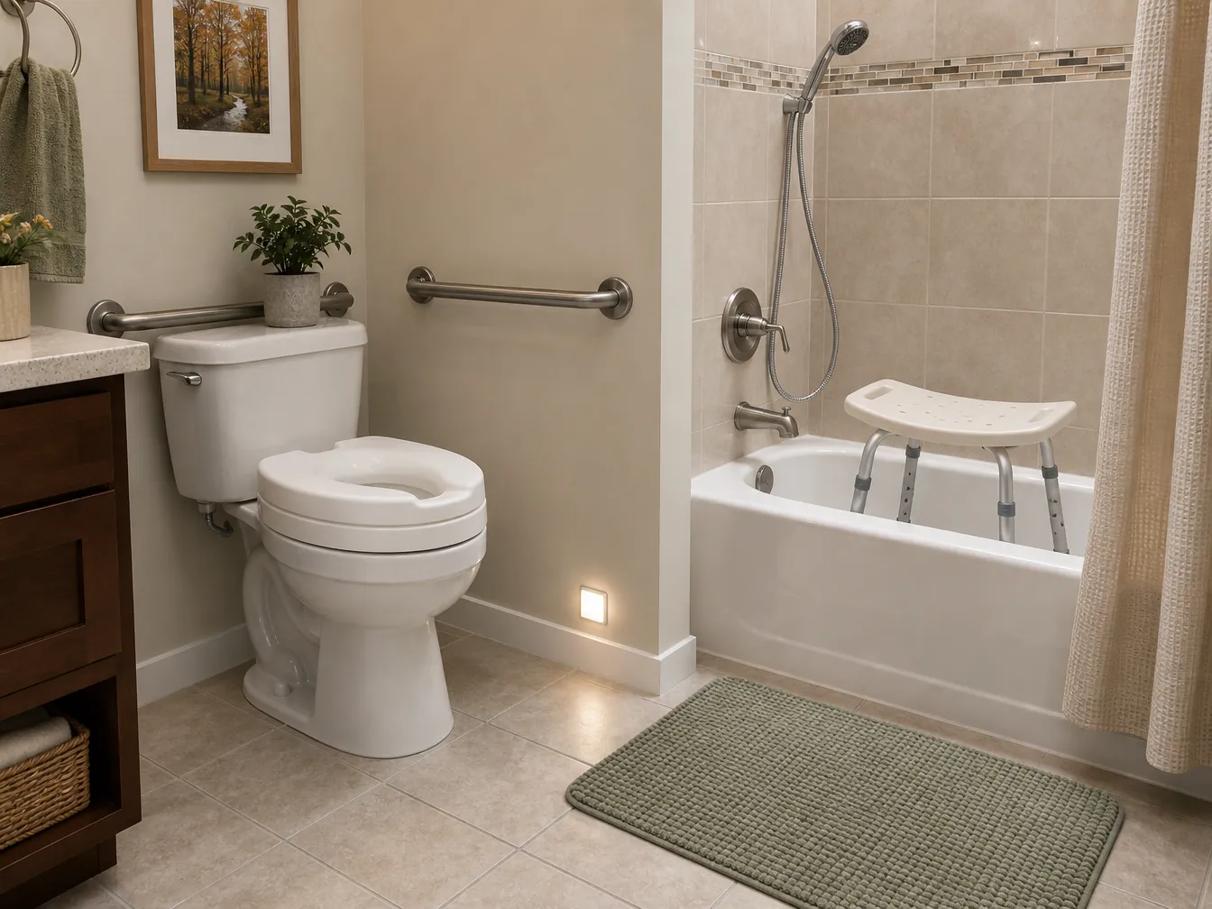 Adapted bathroom with raised toilet seat, grab bars, shower stool, hand-held shower, nonskid mat, and night light