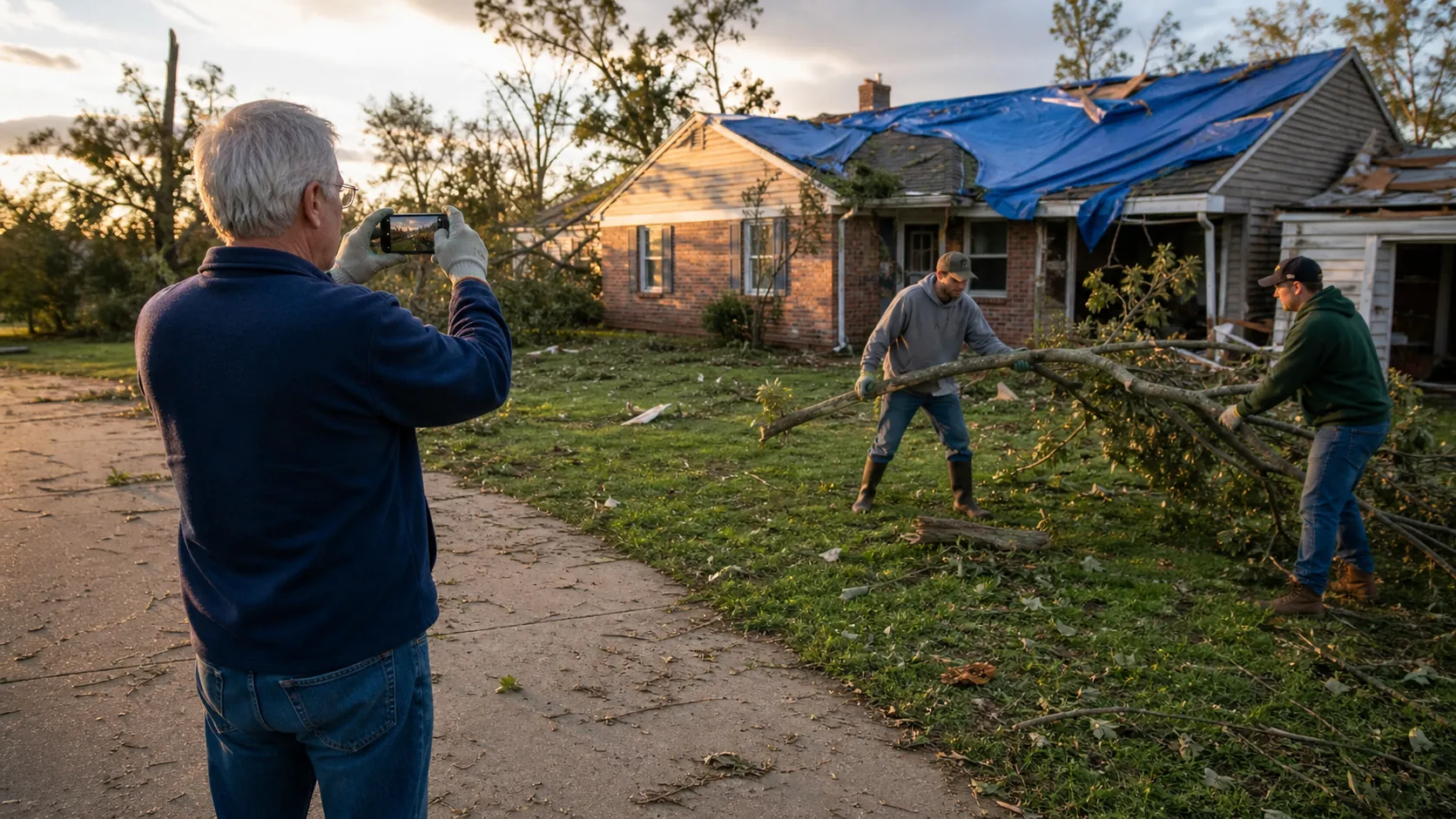Older adult documenting tornado damage from the driveway while younger workers haul a large branch