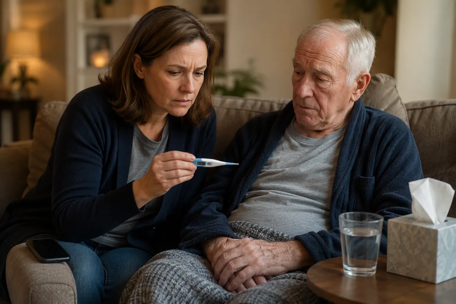 Adult daughter checking an older father’s temperature while deciding whether to seek care