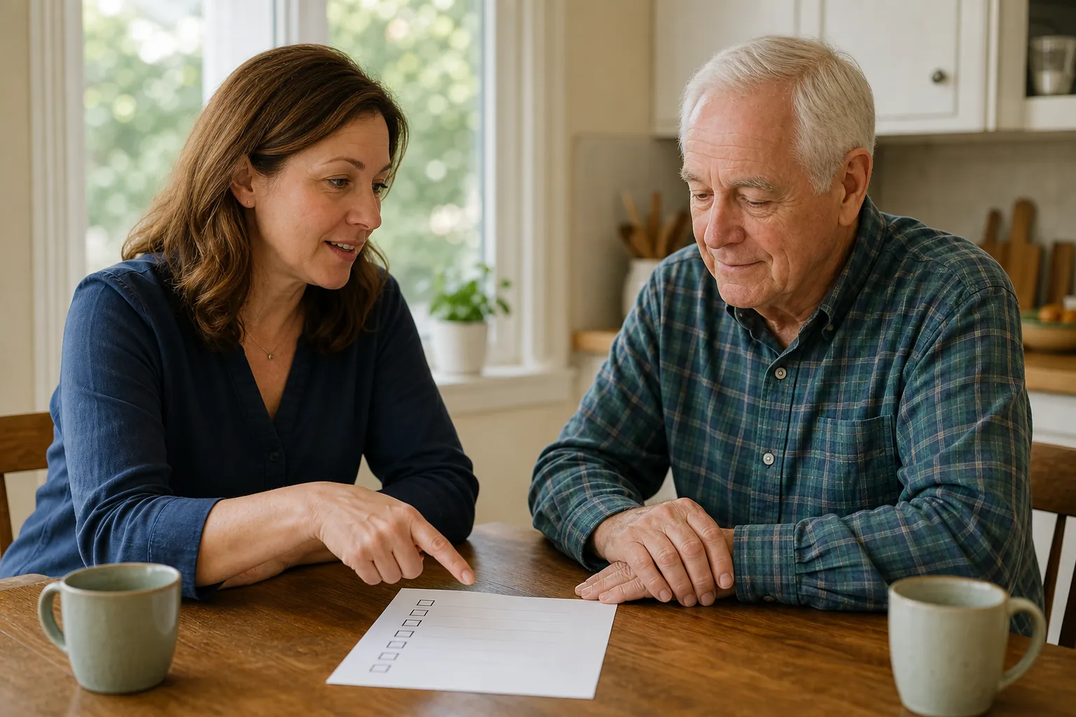 Adult daughter and older father sitting at a kitchen table with a checklist between them