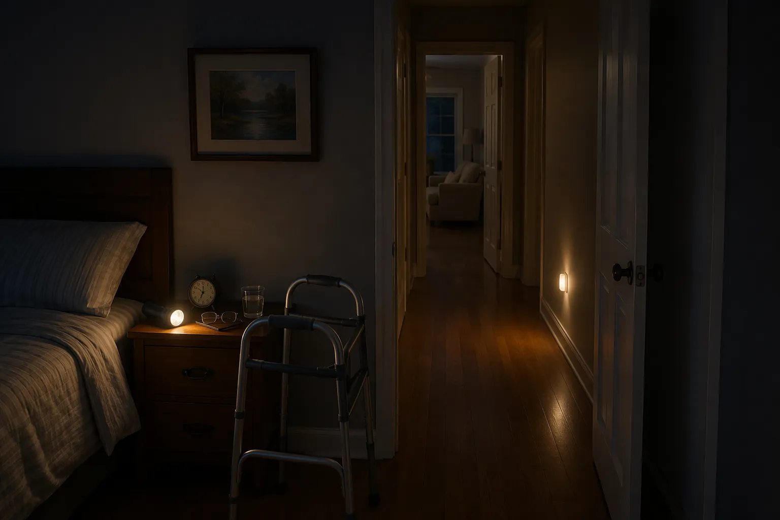 Dim bedroom during a power outage with a flashlight within reach, walker beside the bed, motion light in the hallway, and a clear path to the door