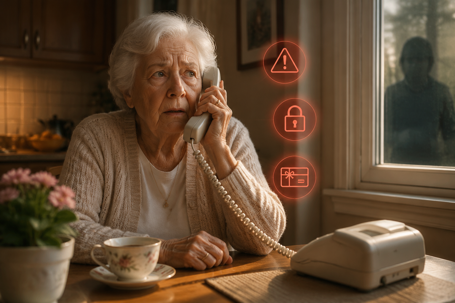 An older adult holding a landline phone while emergency, secrecy, and gift card warning symbols appear nearby