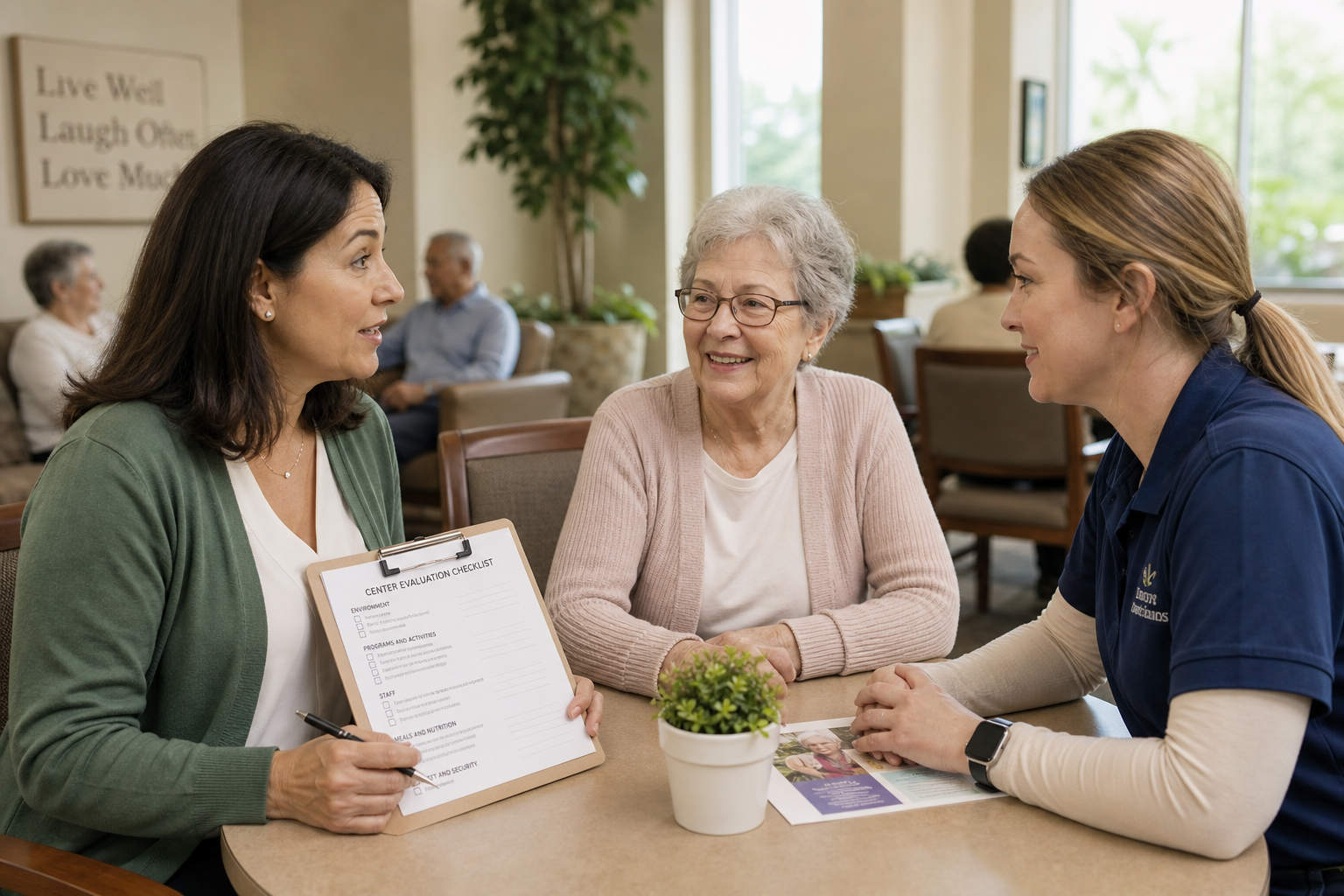 A middle-aged daughter and her elderly mother sit at a table with a smiling staff member in a bright adult day care center. The daughter holds a clipboard with a checklist, appearing to ask evaluation questions during an on-site tour.