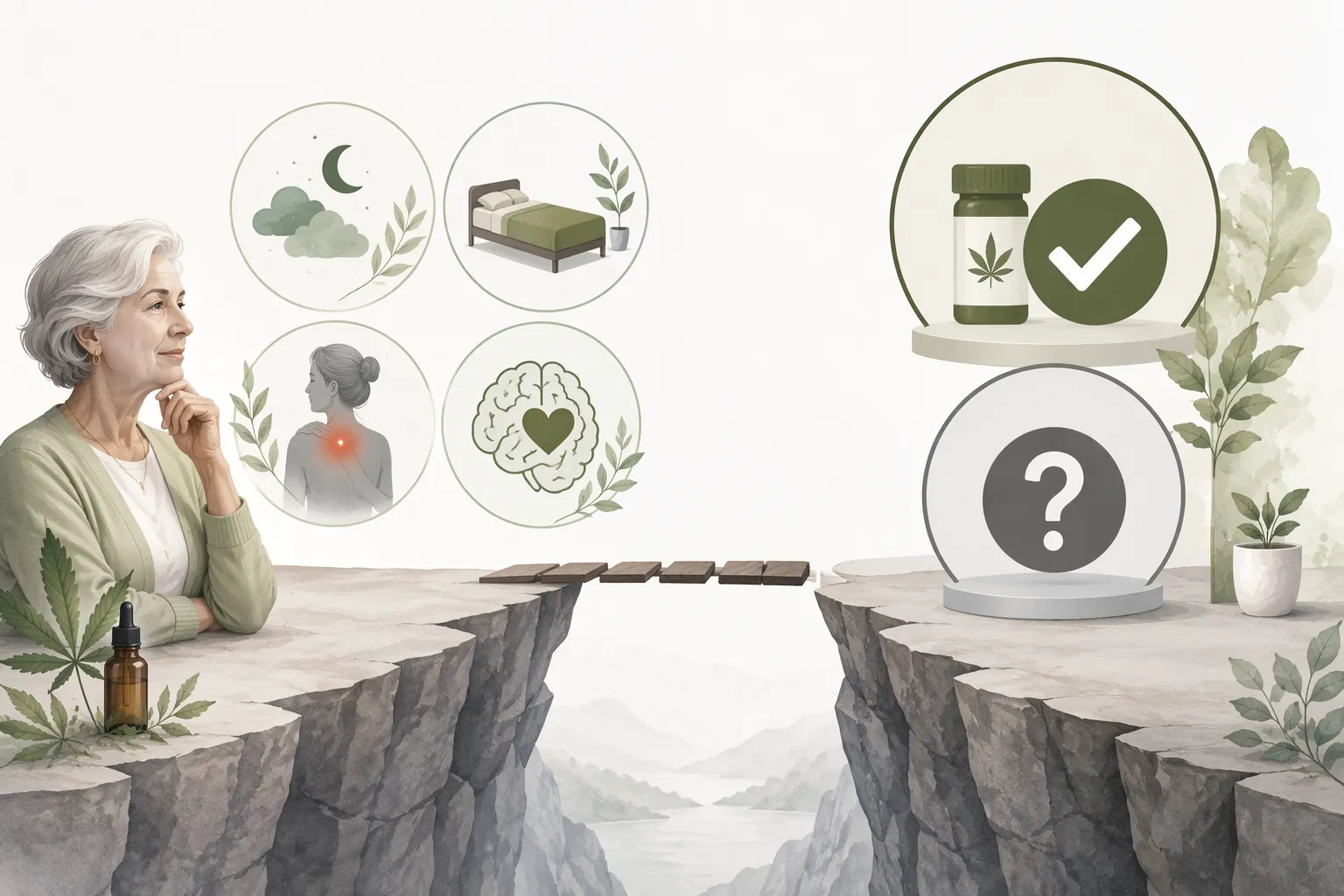 Illustration comparing common senior cannabis uses with the strength of available evidence