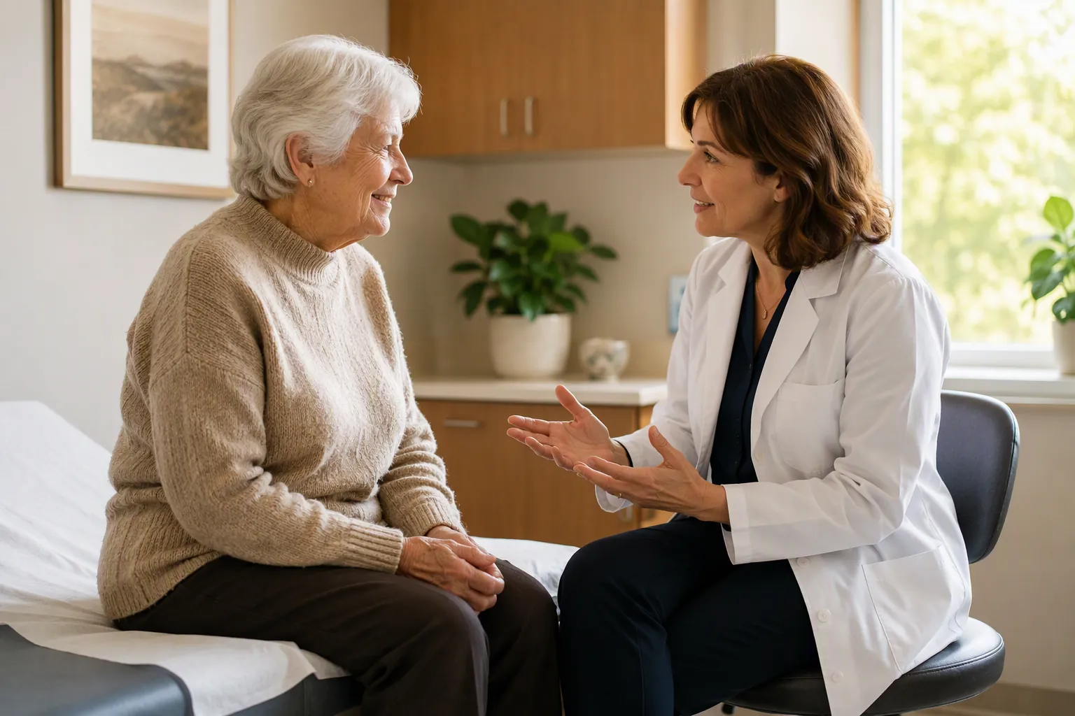 Senior woman talking with a doctor during a calm preventive care visit