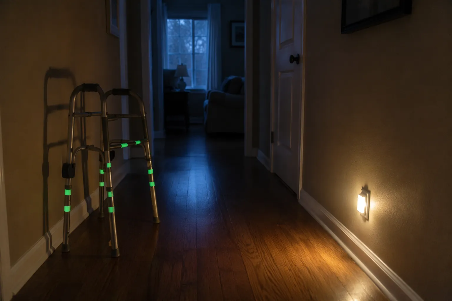 A walker marked with glow-in-the-dark tape in a clear hallway lit by a motion-sensor nightlight