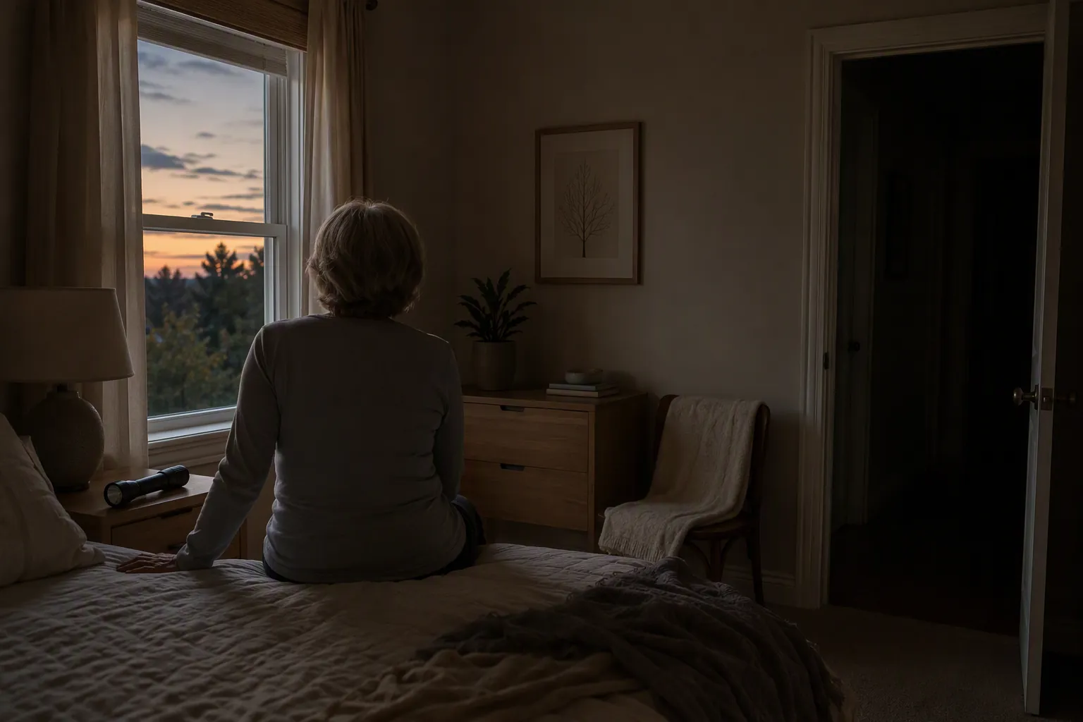 Older adult seated on a bed during a dim power outage with a flashlight within reach on the bedside table