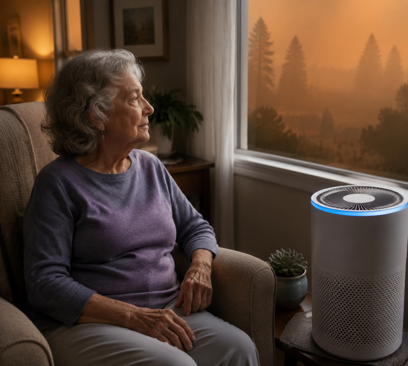 Older woman sitting indoors beside a HEPA air purifier while smoky haze is visible outside
