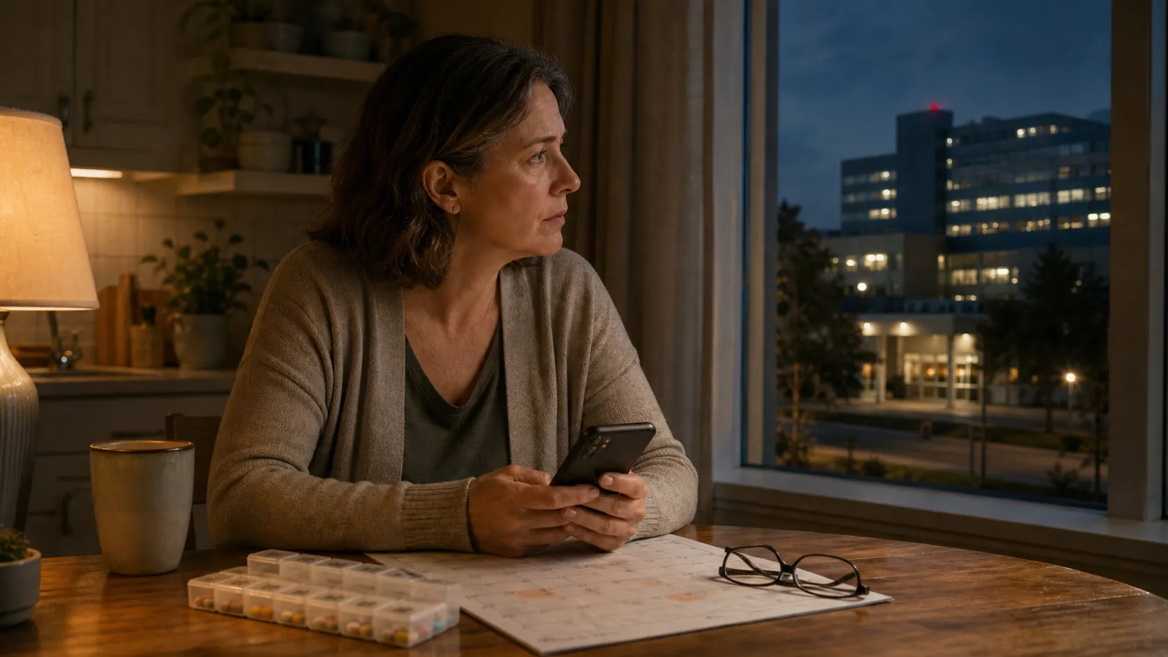 Adult daughter at a kitchen table checking a hospital update beside a medication organizer and calendar